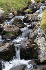 Naklejka na ściany i meble Above Llyn Ogwen. Mountain stream with rocks and stones. Slightly blurred water.