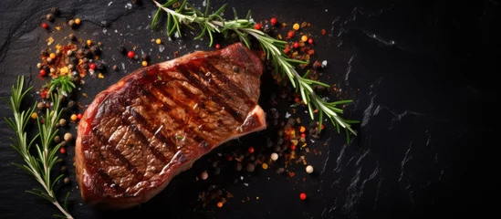 Fotobehang grilled ribeye beef steak seasoned with herbs and spices on a dark table, viewed from the top. There © HN Works