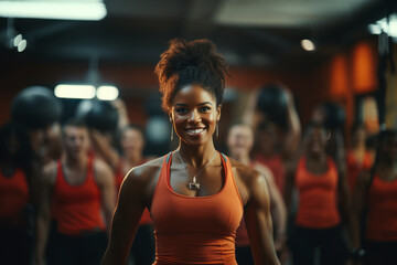 Fototapeta na wymiar Personal trainer in gym, portrait of African- American woman from healthy lifestyle and fitness motivation of strong