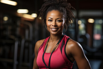 Fototapeta premium Personal trainer in gym, portrait of African- American woman from healthy lifestyle and fitness motivation of strong