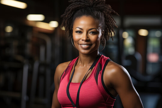 Personal trainer in gym, portrait of African- American woman from healthy lifestyle and fitness motivation of strong