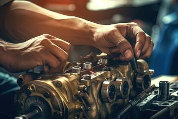 Fototapeta na wymiar Close-up of mechanic hands repairing car engine in auto repair shop