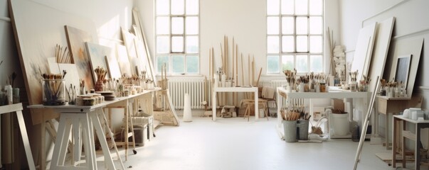 White atelier. A painter or artist atelier, craft room, with white interior. A room full of brushes and canvases. generative AI, Generative AI - obrazy, fototapety, plakaty