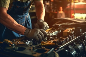 Close-up of mechanic hands repairing car engine in auto repair shop