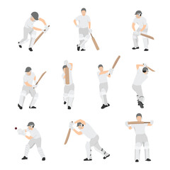 Fototapeta na wymiar Large collection of silhouettes of cricket player - batsman, bowler & cricket elements. Flat vector illustration isolated on white background
