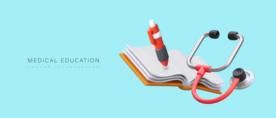 Medical education. Realistic open book, pen, stethoscope. Training of doctors and nurses. Bright horizontal banner with place for announcement, date, invitation. Banner, billboard, flyer template