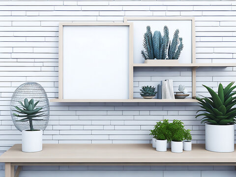 Home interior poster mock up with horizontal metal frame