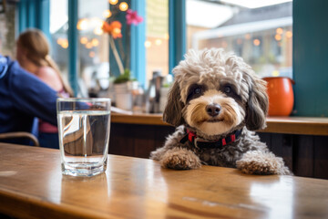 Cute little Bichon Frise dog in a cafe put paws on the table