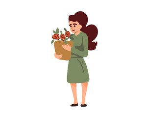 Young woman with a package of flowers in her hands, vector illustration