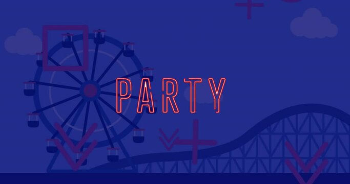 Animation of party text with geometric shapes over amusement park rides
