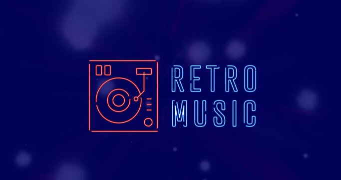 Animation of retro music text and gramophone over dots on blue background