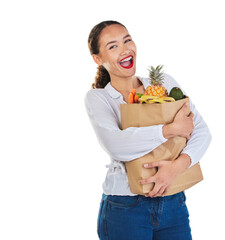 Woman is excited, bag and healthy food, grocery shopping with fruit and vegetable isolated on png...