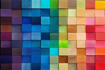 Spectrum of multi colored wooden blocks aligned. Background or cover for something creative or diverse, Generative AI
