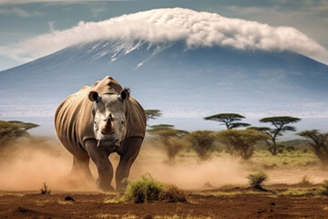 African black rhino on the savannah with Mount Kilimanjaro in the background
