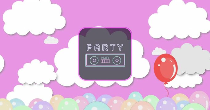 Animation of party text and retro tape recorder over clouds and balloon on pink background