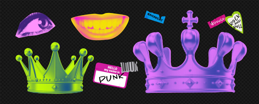 Set of acidly brightly colored collage crowns with colorful rock stikers. Punk design halftone elements. Smile mouth and eyes. Vector vibrant illustration on transparent background