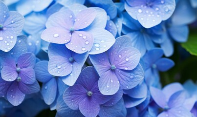 Blue Hydrangea macrophylla or Hortensia flower with dew in slight color variations ranging from blue to purple. Focus on middle right flowers. Shallow depth of field for soft dreamy, Generative AI
