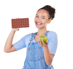 Apple, chocolate and portrait of woman isolated on transparent png background with healthy food...