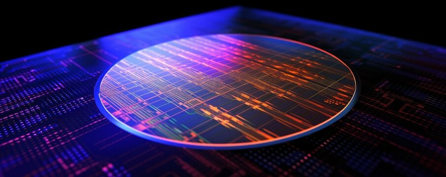 Semiconductor or electronics processor wafer, with circuit pattern surface. Abstract microprocessor. hi-tech processing industry concept background. Generative AI