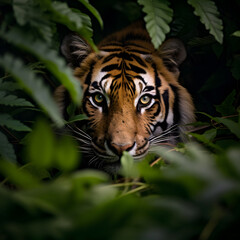 Fototapeta na wymiar Wild tiger hiding behind the leaves to attack, slightly visible tiger in camouflage mode