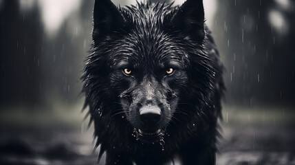 A large black wolf standing in the rain, staring boldly