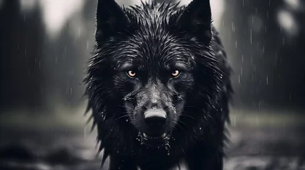Foto op Plexiglas A large black wolf standing in the rain, staring boldly © Trendy Graphics
