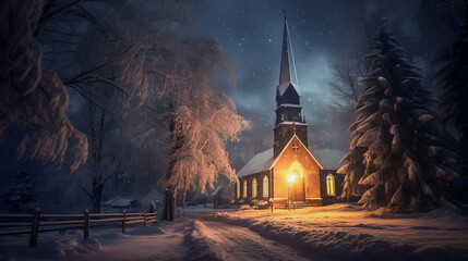 Winter night in front of church illustration - obrazy, fototapety, plakaty
