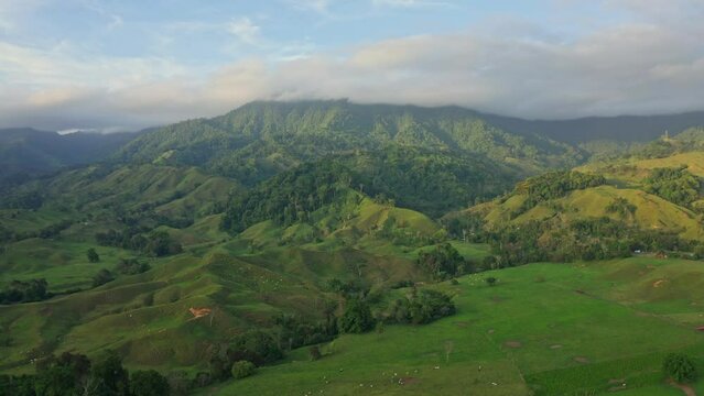 Rural Costa Rica landscape during afternoon sunlight, aerial
