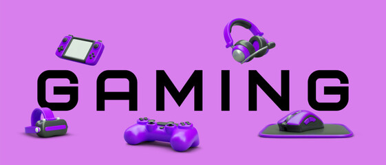 Gaming. Giant inscription with 3D floating objects. Deep purple background color. Gamer gadgets. Signboard template for store, computer club, game room © ArtHub02