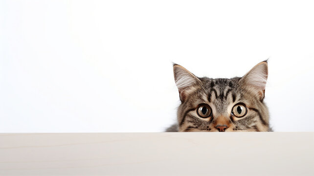 Adorable cat peeking out behind the white background
