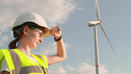 A female engineer straightens her helmet and focuses on analyzing data and controlling the process of generating renewable energy. Wind turbine on the background researcher. Wind turbine against sky - Powered by Adobe