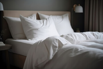 Fototapeta na wymiar Bed With White Linens Closeup. Generative AI