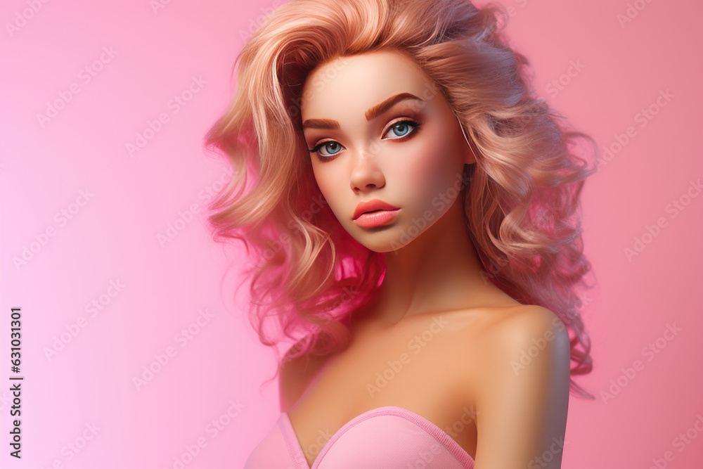 Wall mural Doll sensual girl emotional close up portrait with pink background. AI generated