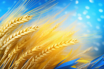 Ears of wheat on Ukrainian national flag. Symbols of Ukraine. AI generated