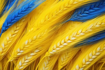 Ears of wheat on Ukrainian national flag. Symbols of Ukraine. AI generated