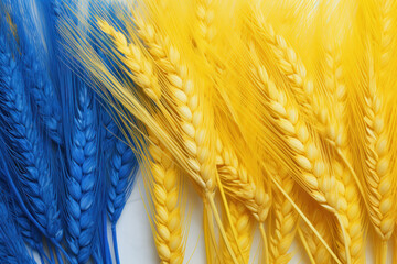 Ears of wheat on Ukrainian national flag. Symbols of Ukraine. AI generated
