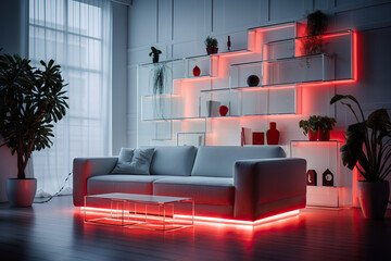 Modern minimalist living room interior - angle view of gray sofa couch, big window and huge glass shelf with red LED stripes for ambient light