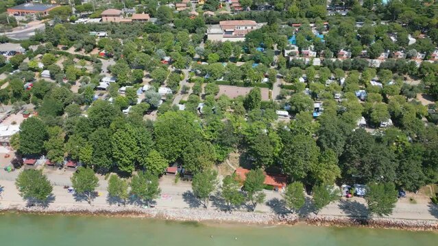 Aerial Shot of Camping Cisano San Vito at Lake Garda, Italy. 4K Drone