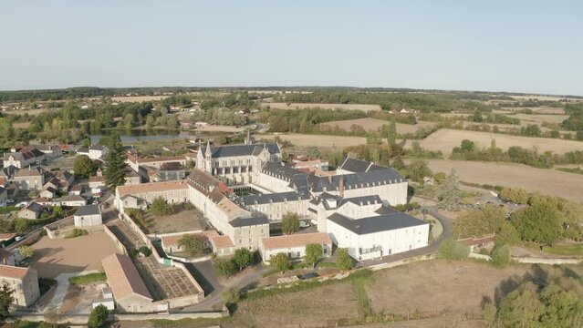 Aerial drone point of view of the Abbaye de la Puye also known as Filles de la Croix in La Puye, France.