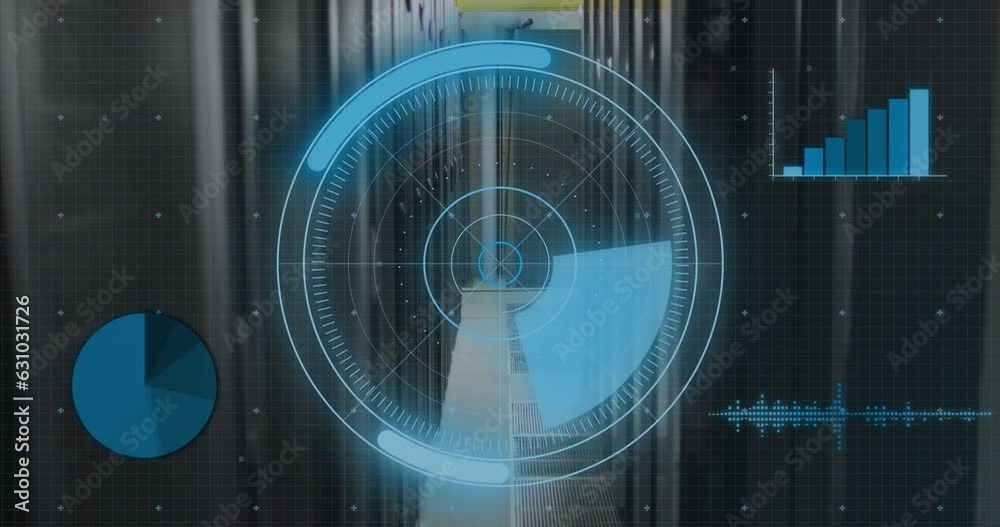 Poster Animation of scanning circle, radar, multiple graphs and computer language over server room