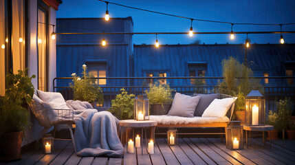 An evening spent on a balcony deck illuminated by outdoor lighting and flickering candles. - obrazy, fototapety, plakaty