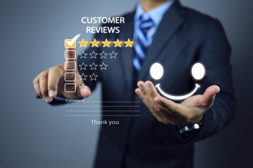 Businessman evaluate his satisfaction with product quality and service with five star rating and a smile that very satisfied and more likely to use the service next time and may recommend others too.