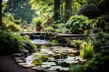 Obraz premium Tranquil And Minimalist Garden Pond, Generative AI