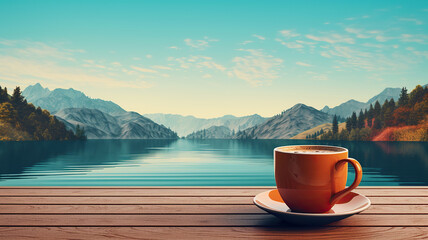 Scenic view of mountains and a lake serves as the backdrop for a coffee cup on the table