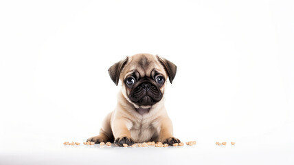 Obraz premium Adorable pug dog feasting on dog food with a white background