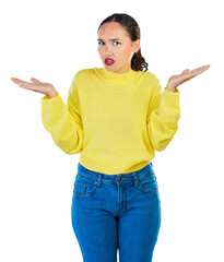 Portrait, confused and frustrated, woman isolated on transparent png background with question of...