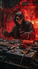 the zombie's rave: a horrifying fusion of halloween and electronic music, where a ghastly zombie takes to the decks, spinning techno, trance, edm, surrounded by halloween pumpkins, Ai generated