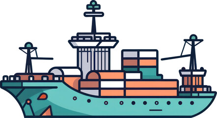 Flat design icon of a cargo ship with a transparent background. Generative AI.