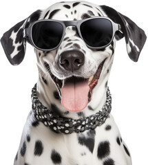 Portrait of happy dalmatian dog wearing sunglasses isolated on a white background as transparent PNG