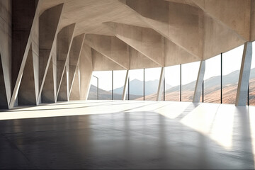 Obraz premium architecture empty room with window and mountain background with sunlight